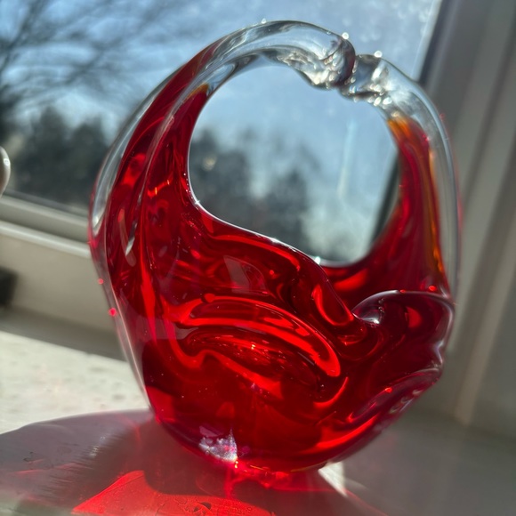 Murano Art Glass Hand Blown Sommerso Basket Joined Handles Submerged Ruby Red - Picture 6 of 8